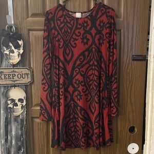 Deep Red and Black Long Sleeve Dress